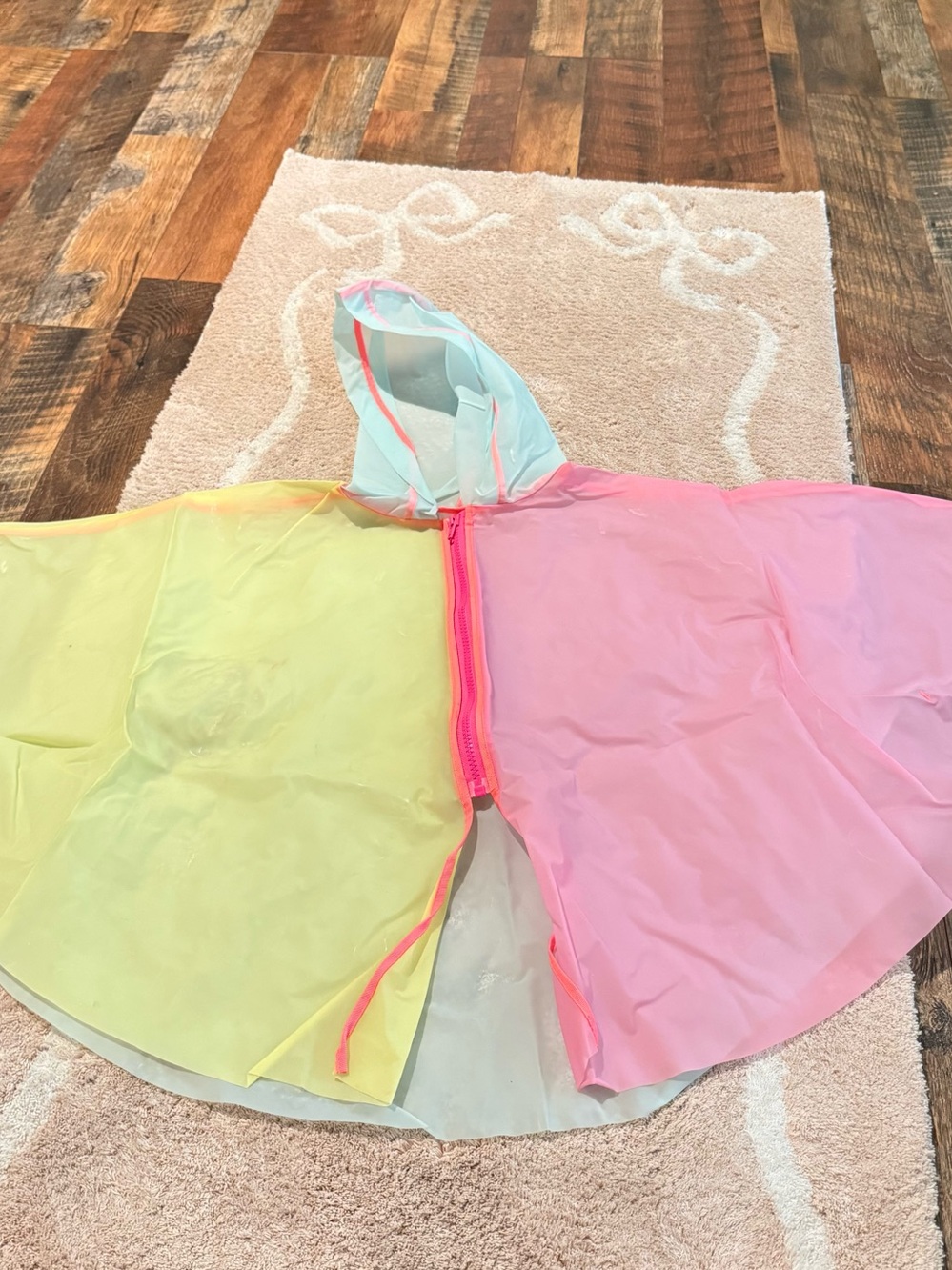 Kids Hooded Rain Poncho - Pastel Pink & Yellow & hot pink Coral throughout.